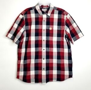 Carhartt Men's Red White Gray Plaid Shortsleeve Buttondown Relaxed Fit Shirt, L